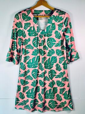 Tropical palm leaves v-neck mini tunic summer dress pink/green ruffled sleeves